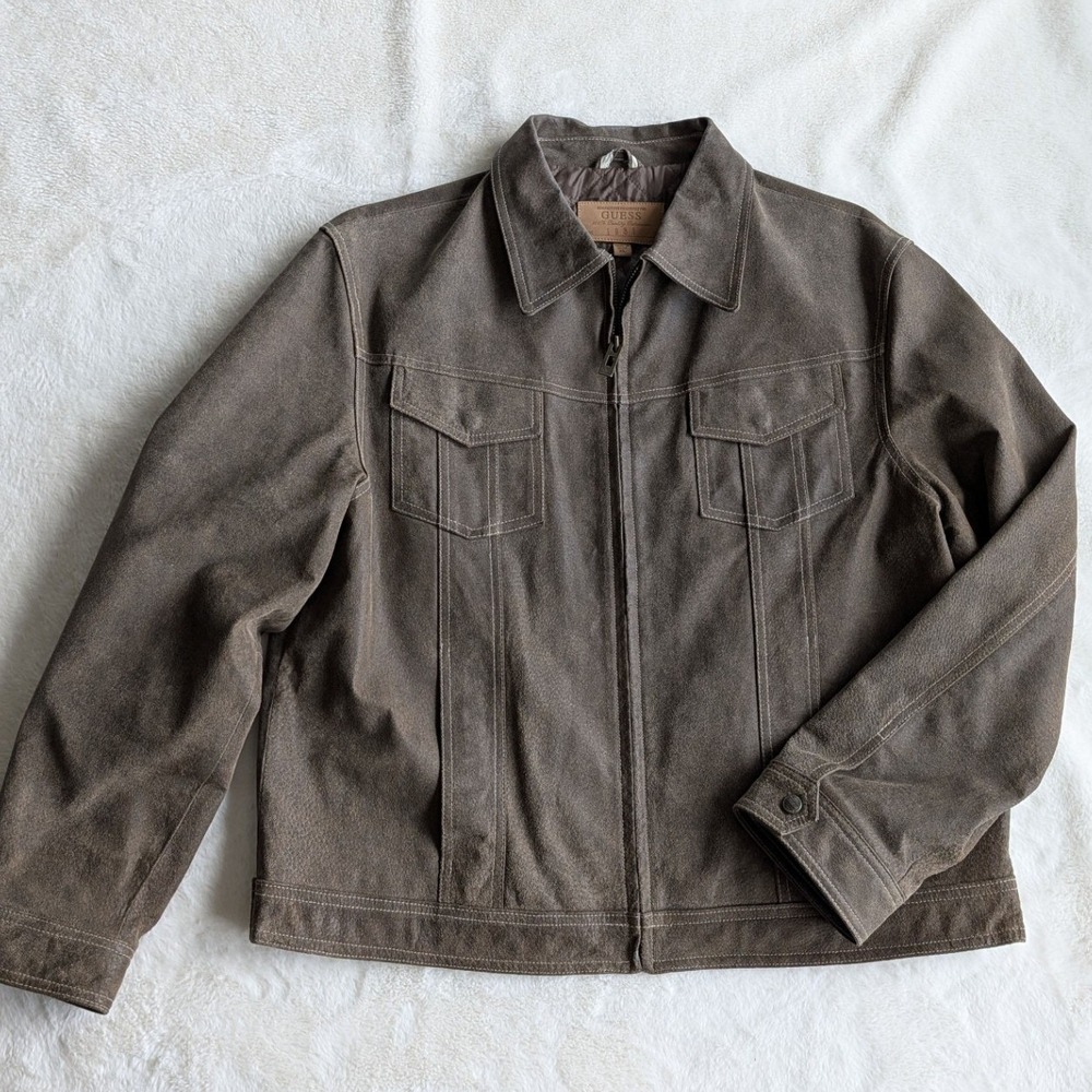 Guess Men's XL Brown Genuine Leather Distressed Full Zip Quilted Lined Jacket XL